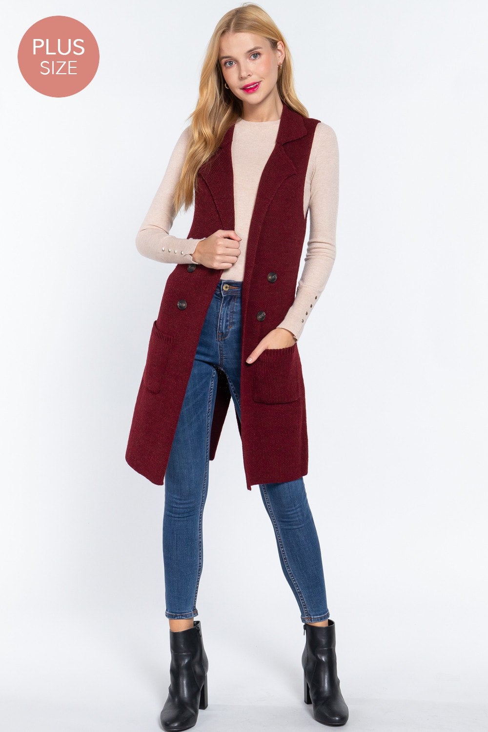 SALE Plus Burgundy Sleeveless Notched Collar Long Sweater Vest